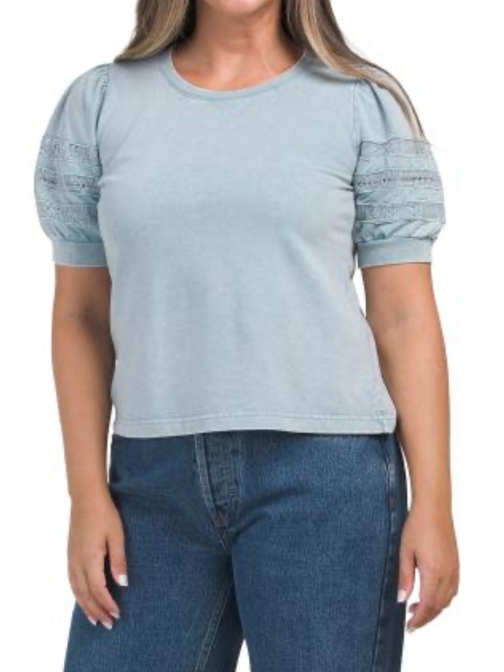 Jane + Delancey French Terry Puff Sleeve Crew Neck Embroidered Top Blue Medium
